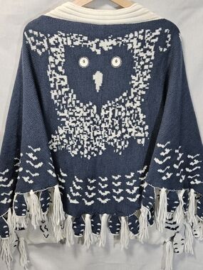 Retro Blue and White Owl Knit Fringe Sweater Scarf Shawl Reversable Knit OS
